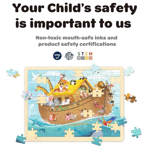 Wooden Puzzles for Kids Ages 3-5, Noah's Ark, 100 Piece | Religious Scene, Christian Bible Puzzles for Kids Ages 4-8, With Tray - style: 100 Piece