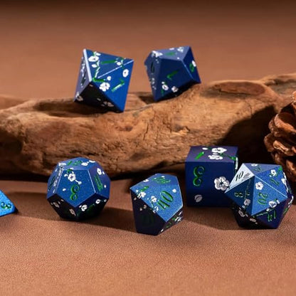 UDIXI DND Metal Dice Set, Flower Solid Metal RPG Dice Set Blue for D&D | White Flower, Metal Case Packaging, Heavy Metal Dice, D&D Gift, for Dungeons and Dragons Role Playing Games Tabletop Games - color: Blue-green