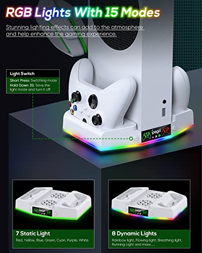 Cooling Stand & Charge Station for Xbox Series S with RGB Light Strip,White | Dual Controller Charger & Cooler Fan for XSS Console Accessories with 2*1400mAH Rechargeable Battery Pack,1*Headphone Hook - color: White