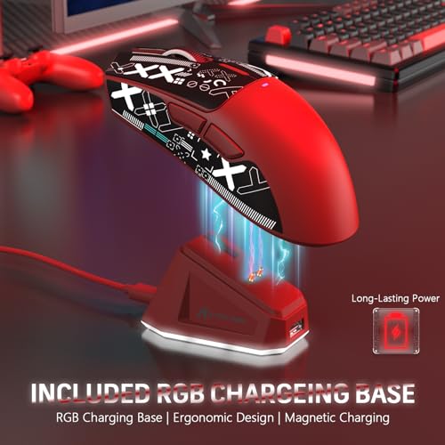 ATTACK SHARK X11 59g Lightweight Wireless Gaming Mouse,RGB Charging Dock,Tri-Mode-BT/2.4G Wireless/Wired Mouse with Grip Tape,22000 DPI,5 Programmable Buttons for Pc/Mac/Xbox(Red&Sticker) - color: Red & Griptape