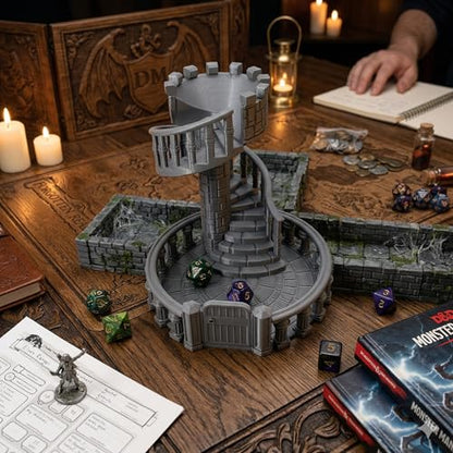 Dice Spiral Dark Castle Dice Tower Dungeons and Dragons RPG Tabletop Roleplaying Game Jail D&D (Random 7PCS D20 Dice Set Included) Silver - color: Silver
