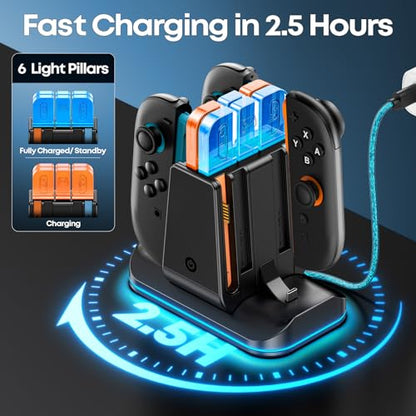 Switch 2/1 Compatible Controller Charging Dock, 6-in-1 Charger Station for 4 Joy-Cons & 2 Pro Controllers, 9 RGB Modes Fast Charging Stand for Switch 2 Accessories, with LED Indicator - size: L-Black-Switch 2/1 & Pro