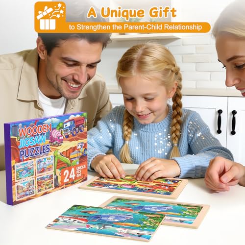 4 Pack Wooden Vehicle Jigsaw Puzzles for Kids Ages 2-4 Toddler Puzzles Gift | Sensory Toys, Preschool Educational Toys, Toddler Puzzles Gift for 3 4 5 Year Old Boys Girls - color: Vehicles