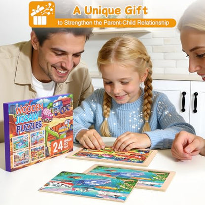 4 Pack Wooden Vehicle Jigsaw Puzzles for Kids Ages 2-4 Toddler Puzzles Gift | Sensory Toys, Preschool Educational Toys, Toddler Puzzles Gift for 3 4 5 Year Old Boys Girls - color: Vehicles