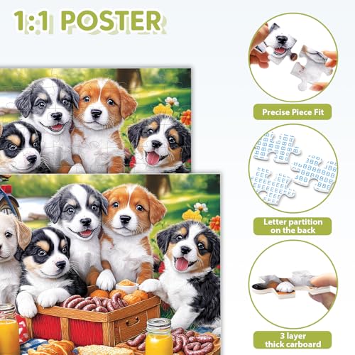 100 Piece Puzzles for Kids Ages 4-6 & 5-8, Puppies Picnic Jigsaw Puzzle for Kids Ages 8-10, Large Piece Puzzles for Adults & Seniors Educational Interactive Family Fun Puzzle for Boys Girls - style: Puppies Picnic