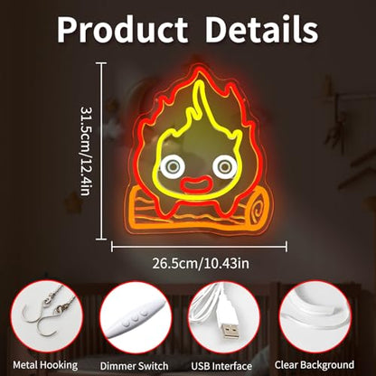 Calcifer Neon Signs Anime Led Sign Flame Night Light Neon Lights for Bedroom Magic Fire Light Up Sign Gifts for Cartoon Castle Lovers Fans Teen Kids - color: Red+Yellow+Orange