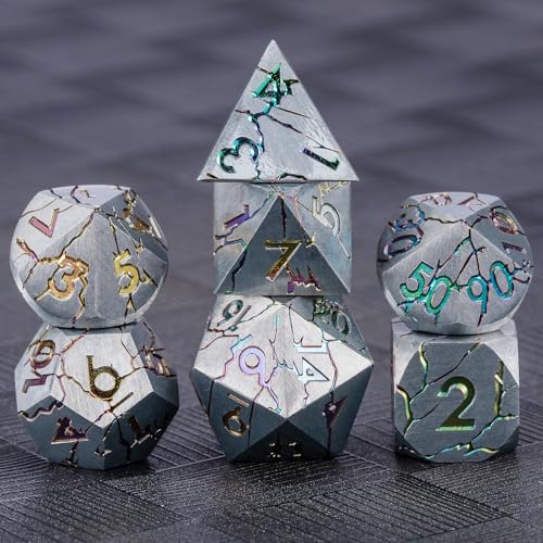 Metal DND Dice Set with Sharp Edge for RPG, Polyhedral D&D Dice in Gift Box for Dungeons and Dragons - color: Silver and Coloured Cracks