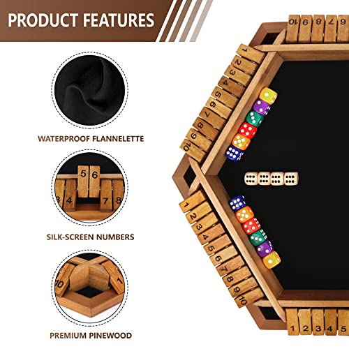 Nicecho 2-6 Players Shut The Box Dice Game, Wooden Board Table Math Game with 16 Dice, Classics Tabletop Games for Kids Adults, Family,Classroom,Home,Party or Pub - color: Brown