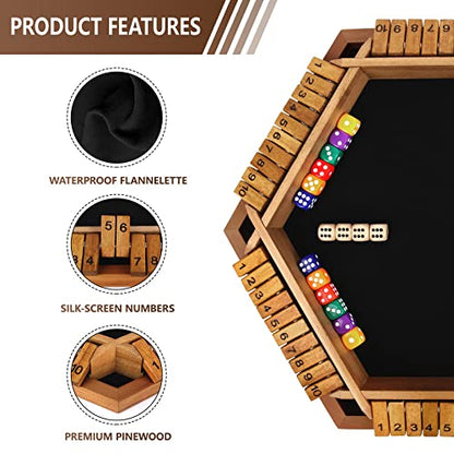 Nicecho 2-6 Players Shut The Box Dice Game, Wooden Board Table Math Game with 16 Dice, Classics Tabletop Games for Kids Adults, Family,Classroom,Home,Party or Pub - color: Brown