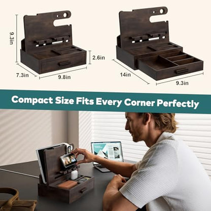 Sephyroth Rustic Wooden Phone Stand Organizer with Drawer Storage, Brown - color: Brown