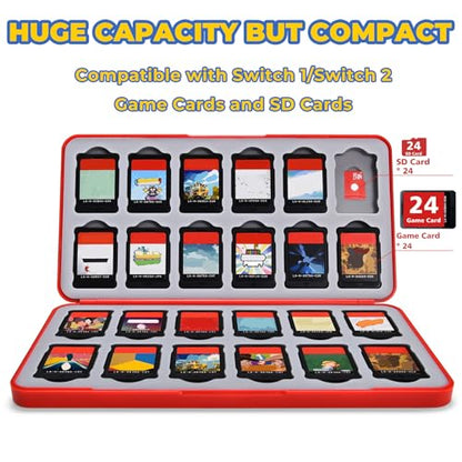 FUNLAB Switch 2 Game Card Case for Nintendo Switch 2/OLED Games & Micro SD Cards, Switch Game Card Holder with 24 Game Card Storage Cute - Red