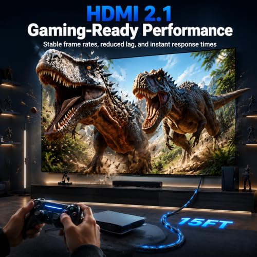 Long 8K HDMI Cable 15FT, 48Gbps Ultra High Speed 8K@60Hz 4K@120Hz Gaming HDMI 2.1 Cable Cord, Dynamic HDR, eARC HDCP 2.2&2.3, DTS:X,RTX 3090 for PS5 Xbox SoundBar UHD TV Monitor