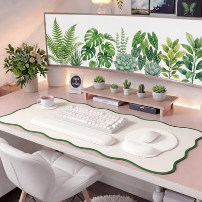 Sabary Scalloped Desk Mat Keyboard Mouse Pad Set 31.5 x 15.7 Inch Green Cute Aesthetic Preppy Table Mat Keyboard Wrist Rest Mouse Pad with Wrist Rest Coaster Ergonomic Non-Slip Waterproof Gaming Desk - color: Green, size: 31.5 x 15.7 Inch