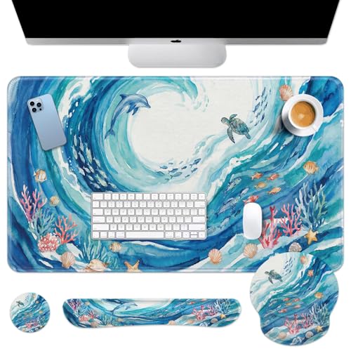 Arttown Keyboard Mouse Pad Set, 4 in 1 Desk Mat Set Ocean Dolphin | Turtle Blue Large Mousepad+Keyboard Wrist Rest+Mouse Wrist Rest+Coaster Ergonomic Design for Home Office Computer - color: Blue Ocean