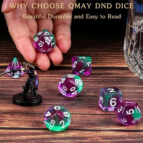 QMAY DND Dice Set -D&D Polyhedral Dice (7 Pcs) for Dungeons and Dragons (Purple Green Transparent) - color: Purple Green Transparent