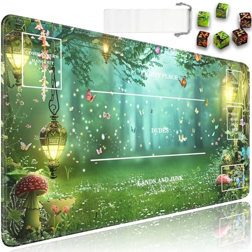 JVGFYNKL for MTG Playmat, 24 x 14 in for TCG Playmat with Zones,Trading Card Game Playmats with Storage Bag and 6 Dice, for MTG Table Mat Card Accessories, Magic Green Forest Pattern - color: JV-Playmat-5K-4-F149