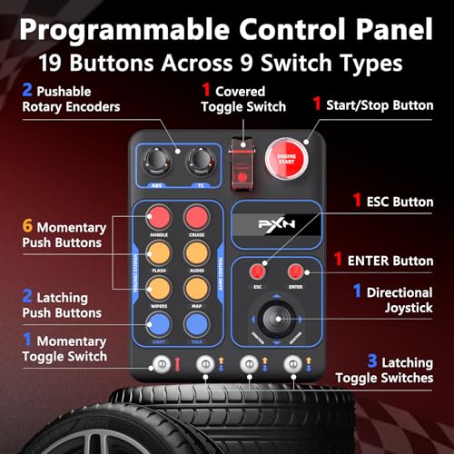 PXN CB1 PC Button Box, Programmable Sim Control Panel | 19 Buttons & Switches, RGB Backlit, Driver-Free USB, for Gaming Steering Wheel Setup, Racing, Truck & Farming Sims