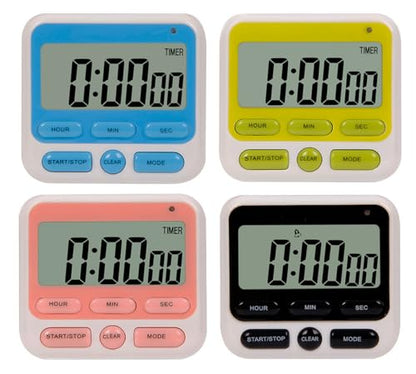 24-Hours Digital Kitchen Timer, Upgraded 12-Hour Display Clock, Big Digits, Loud Alarm, Magnetic Backing Stand, Count-Up & Count Down, Kids Timers for Cooking Baking Classroom Teachers Games(4 Pack) - color: W+b+p+g