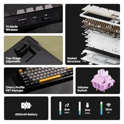 EPOMAKER Aula F108 Wireless Gaming Keyboard, Full Size Mechanical Keyboard with 4000mAh Battery, 108 Hot-Swappable and Programmable Keys, RGB Backlight, for Mac/PC/Android (Grey&Yellow) - color: Grey&Yellow