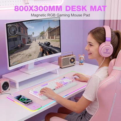 TARKARI Magnetic Wireless Charging RGB Mouse Pad, Large Gaming Desk Mat, 31.5"x11.8" Waterproof Mousepad, Ultra-Smooth Surface, Non-Slip Rubber Base, Desk Pad for Keyboard Laptop - color: Pink