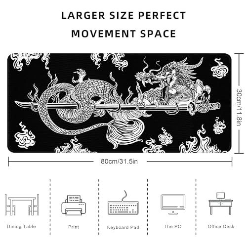 Japanese Dragon Gaming Mouse Pad Large Black Desk Mat, 31.5x11.8in, XL | Extended Big Mousepad, Waterproof Smooth Surface, Non-Slip Rubber Base, Stitched Edges, For Keyboard Mouse, For Home Office - color: Japanese Dragon