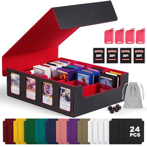 Kabinka Trading Card Storage Box with Commander Display, 4-Row Deck Case with Removable Lid; 2400+ Card Deck Box for MTG TCG Sports Card, 4 Top Loaders, 4 Stoppers, 24 Dividers,1 Dice Bag (Black Red) - color: A1-Black& Red, size: 2400+