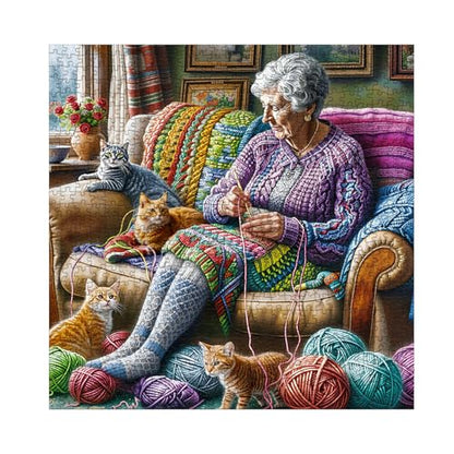 Grandma Knitting Puzzle for Adults 1000 Pieces, Cute Cat Jigsaw Puzzle, Cozy Colorful Art Puzzle