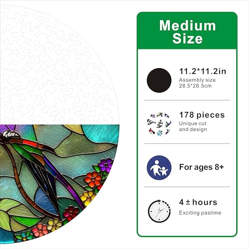 Hartmaze Stained Glass Hummingbird Wooden Puzzle, 178 Intricate Irregular Pieces, 11.2x11.2 Inch, Exquisite Wooden Gift Box – Vibrant Mosaic Art Jigsaw for Adults & Kids 8+ - color: Stained Glass and Hummingbird