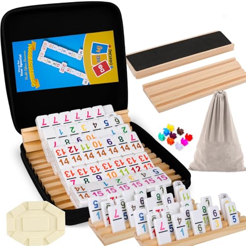 Doreimi Mexican Train 도미노 더블 15, 136 숫자 타일, 8개의 나무 랙 | 컬러 숫자 타일, 휴대용 휴대용 케이스, 드로스트링 가방, 전략 보드 게임, 가족 및 성인에게 적합 - style: 더블 15 넘버+8 랙