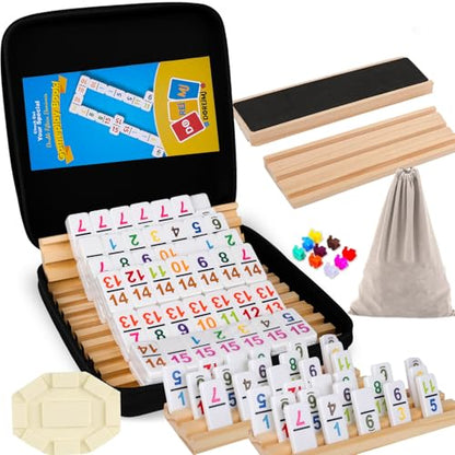 Doreimi Mexican Train 도미노 더블 15, 136 숫자 타일, 8개의 나무 랙 | 컬러 숫자 타일, 휴대용 휴대용 케이스, 드로스트링 가방, 전략 보드 게임, 가족 및 성인에게 적합 - style: 더블 15 넘버+8 랙