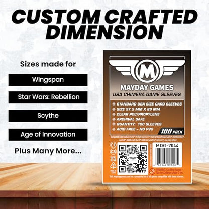 Mayday Games USA Chimera Card Sleeves – 100 Pack, 57.5 x 89 mm, Super Clear 40 Micron Polypropylene, Acid-Free, PVC-Free – MDG-7044