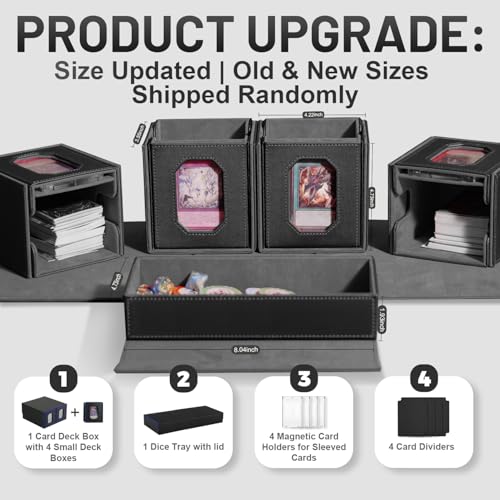Trading Card Storage Box with Commander Display for MTG, TCG, Sports Cards, 5-in-1 Card Deck Box, Holds 450+ Double-Sleeved Cards, 4 Individual Deck Cases with Covers, Dice Tray & Magnetic Holders - color: Black & Grey