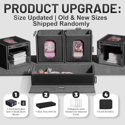 Trading Card Storage Box with Commander Display for MTG, TCG, Sports Cards, 5-in-1 Card Deck Box, Holds 450+ Double-Sleeved Cards, 4 Individual Deck Cases with Covers, Dice Tray & Magnetic Holders - color: Black & Grey