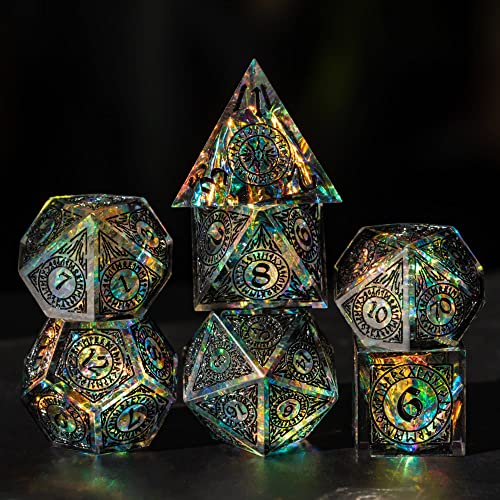 Cusdie Sharp Edges Dice DND, 7 PCs D&D Dice, Handcrafted Polyhedral Dice Set, for Role Playing Game (Black Pattern) - color: Black Pattern-transparent Black