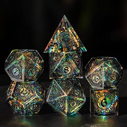 Cusdie Sharp Edges Dice DND, 7 PCs D&D Dice, Handcrafted Polyhedral Dice Set, for Role Playing Game (Black Pattern) - color: Black Pattern-transparent Black