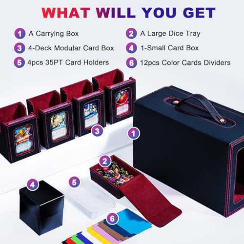 Commander Deck Box for MTG, 6-Deck Modular Card Case with Dice Tray Holds 600+ Double-sleeved Cards, Removable Trading Cards Storage Box with 35PT Magnetic Card Holders for TCG, Black Red - color: Black/Red