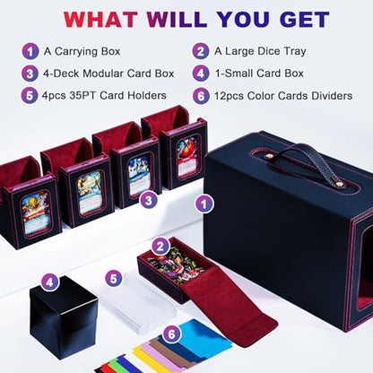 Commander Deck Box for MTG, 6-Deck Modular Card Case with Dice Tray Holds 600+ Double-sleeved Cards, Removable Trading Cards Storage Box with 35PT Magnetic Card Holders for TCG, Black Red - color: Black/Red