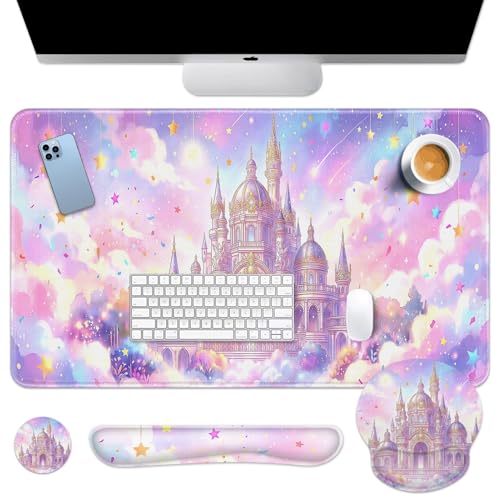 Arttown Keyboard Mouse Pad Set, 4 in 1 Desk Mat Set Pink Castle | Star Ribbons Large Mousepad+Keyboard Wrist Rest+Mouse Wrist Rest+Coaster Ergonomic Design for Home Office Computer - color: Pink Castle
