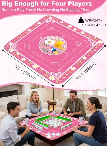 Crease-Free Mahjong Learning Mat 33.1" x 33.1", American Mah Jongg Mat with Rules, Quiet Non-Slip Large Mahjong Table Cover, Floral Gaming Mats for Mahjong, Poker, Dominoes & Board Games (Rose Pink) - color: Rose Pink