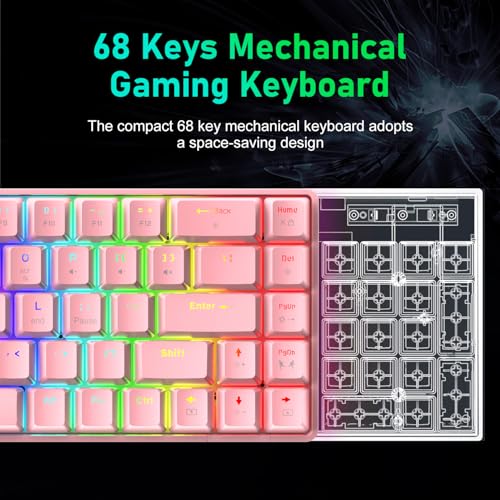 60% Mechanical Gaming Keyboard Mini 68 Keys Anti-Ghosting Wired RGB 18 Backlit Effects,Lightweight Gaming Mosue DPI Adjustable Honeycomb Optical,113 PBT Pudding Keycaps for PC Gamers(White)