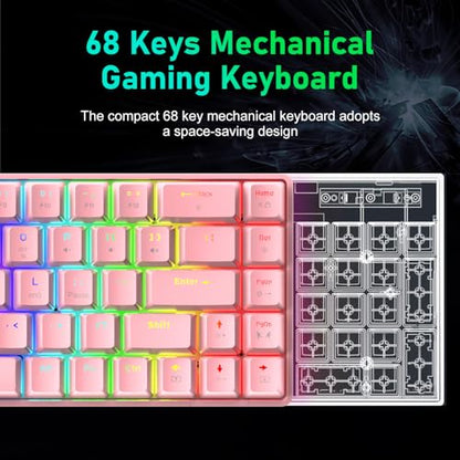 60% Mechanical Gaming Keyboard Mini 68 Keys Anti-Ghosting Wired RGB 18 Backlit Effects,Lightweight Gaming Mosue DPI Adjustable Honeycomb Optical,113 PBT Pudding Keycaps for PC Gamers(White)