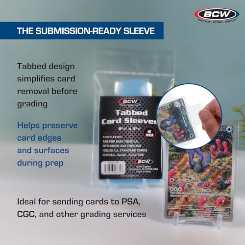 BCW Tabbed Card Sleeves (200 Pack) – Grading Sleeves for PSA, BGS, SGC, CSG, & HGA, Pull Tab for Standard Cards | Fits Toploaders & Semi Rigid Holders | Acid-Free, Archival Safe - style: 200 Pack