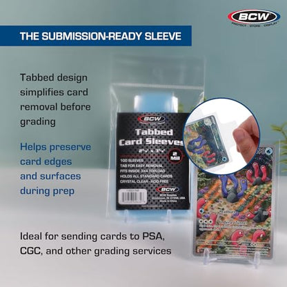 BCW Tabbed Card Sleeves (200 Pack) – Grading Sleeves for PSA, BGS, SGC, CSG, & HGA, Pull Tab for Standard Cards | Fits Toploaders & Semi Rigid Holders | Acid-Free, Archival Safe - style: 200 Pack