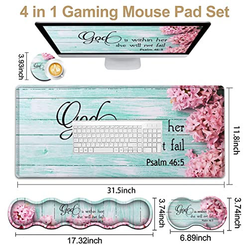 Mouse Pad Set, Large Gaming Mouse Pad + Keyboard Wrist Rest Support + Mouse Wrist Cushion + Coaster, Non-Slip Rubber Base, 31.5 x 11.8 in Extended Desk Mat for Office, Psalm 46-5 Pink Hyacinth - color: JV-mouse pad-8-4
