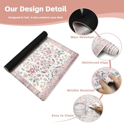 Baziabbo Pink Desk Mat,XXL Extended Large Mouse Pad,Gaming Mousepad with Stitched Edge,Non-Slip Rubber Base Keyboard Desk Pad for Home Office Study Game (Pink Floral-A) - color: Pink Floral-A