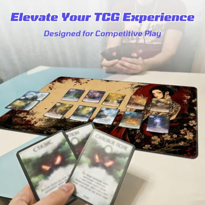 Kitsune Mask Woman MTG Playmat, Card Game Play Mat with Stitched Edges, Smooth Surface Board Game Trading Card Mat, Non-Slip Rubber Base Large Gaming Mouse Pad 24 x 14 Inch - color: Kitsune Mask Woman