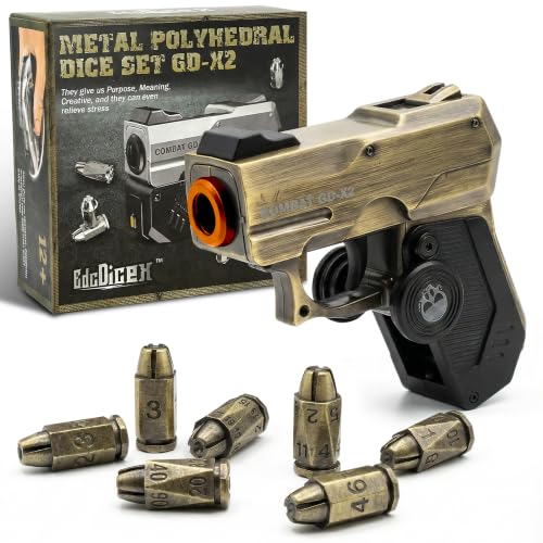 7 Piece Metal Polyhedral Bullet Dice Set with Shooting & Fidget Modes, Pistol Shaped Case & Bullet Dice for Cyberpunk Style Tabletop RPG Dice, Fidget Toy for Stress Relief (Golden) - color: Golden