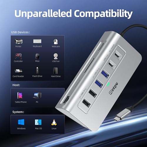intpw 10-in-1 USB C Hub, P9R Powered USB Hub with 4K HDMI, 3 USB 3.0 5Gbps, PD 100W, 1Gbps Ethernet, SD/TF, Aluminum USB Hub for Laptop, MacBook Pro/Air, iPad Pro, iPhone 17, Dell, HP - color: Silver White, size: 1.64ft