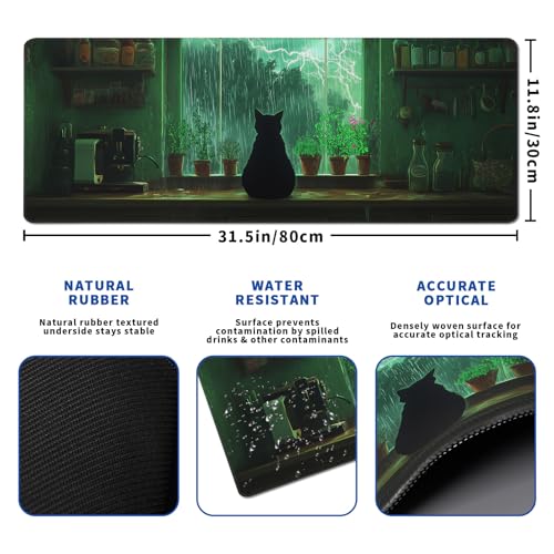 Green Black Cat Mouse Pad Abstract Big Mouse Pad 31.5x11.8 Inch Cat Texture Non-Slip Rubber Base Large Mousepad Stitched Edges Keyboard Mouse Mat Desk Pad for Office and Home - color: Green Black Cat