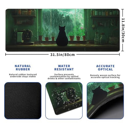 Green Black Cat Mouse Pad Abstract Big Mouse Pad 31.5x11.8 Inch Cat Texture Non-Slip Rubber Base Large Mousepad Stitched Edges Keyboard Mouse Mat Desk Pad for Office and Home - color: Green Black Cat